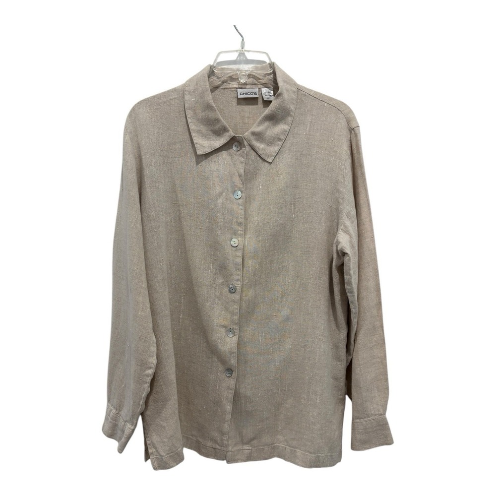 Chicos Linen Top Womens Size‎ 2 Beige Button Up Long Sleeve Side Slits Coastal